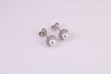 Dainty 8 mm Round Natural Pearl and Cubic Zirconia set Stud Earrings, set in Solid Silver