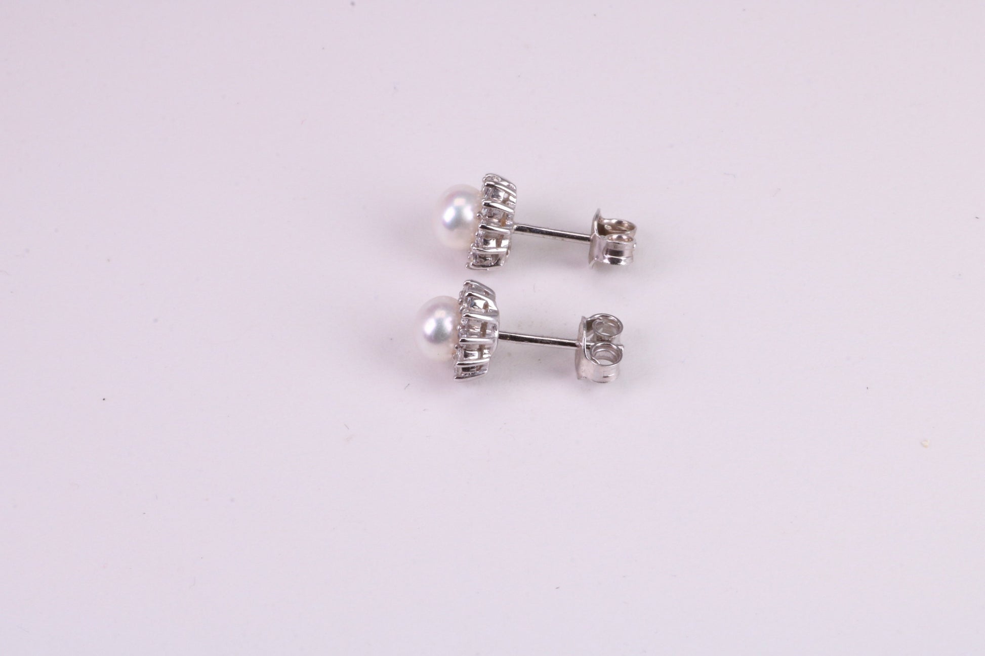 Dainty 8 mm Round Natural Pearl and Cubic Zirconia set Stud Earrings, set in Solid Silver