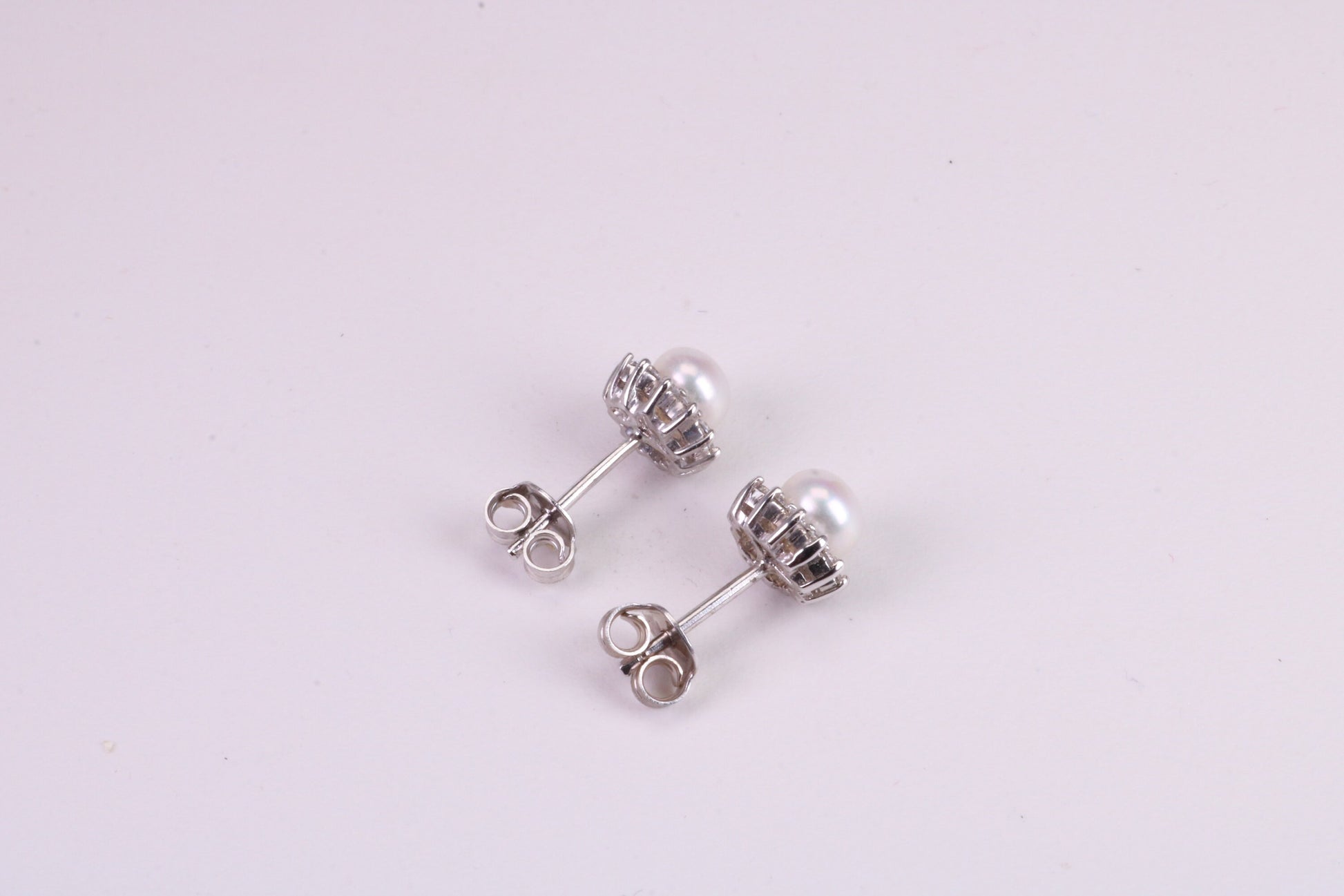 Dainty 8 mm Round Natural Pearl and Cubic Zirconia set Stud Earrings, set in Solid Silver