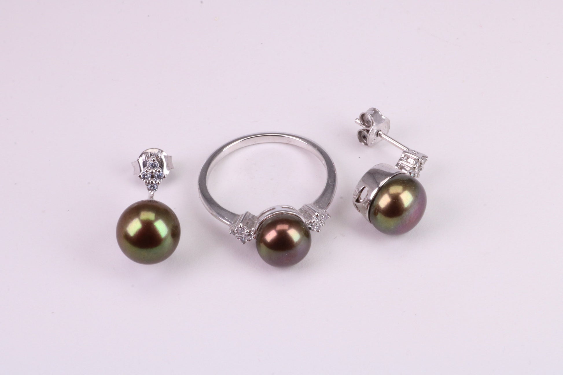 Natural Black Pearl and Cubic Zirconia set Ring and Matching Earrings, set in Solid Silver