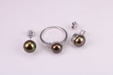 Natural Black Pearl and Cubic Zirconia set Ring and Matching Earrings, set in Solid Silver