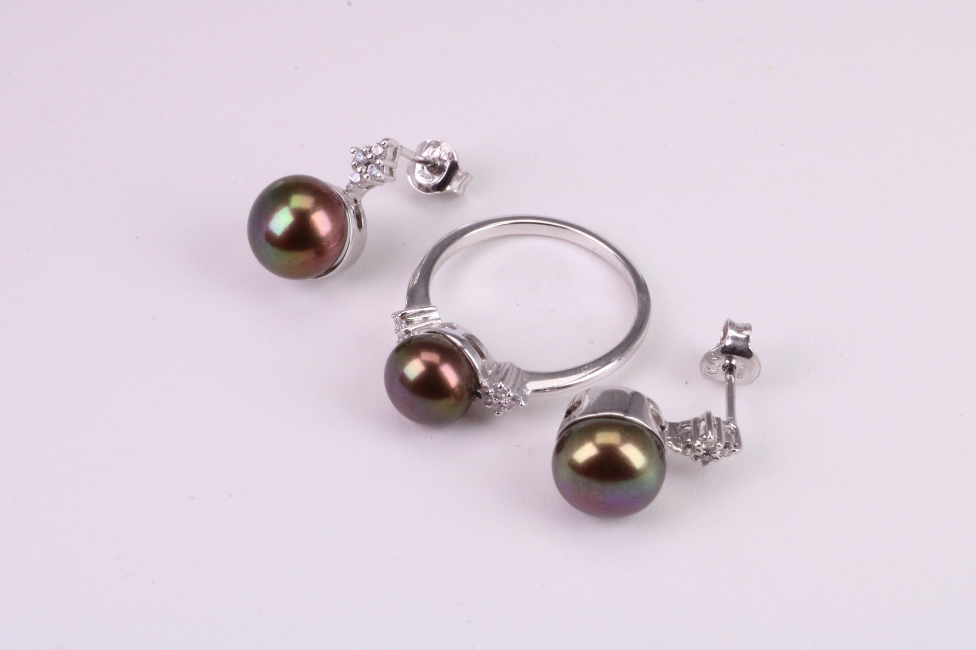 Natural Black Pearl and Cubic Zirconia set Ring and Matching Earrings, set in Solid Silver