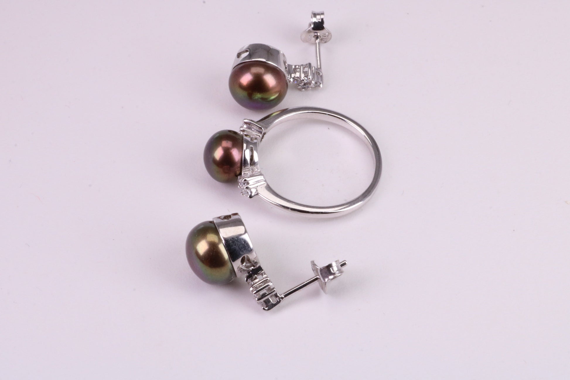 Natural Black Pearl and Cubic Zirconia set Ring and Matching Earrings, set in Solid Silver