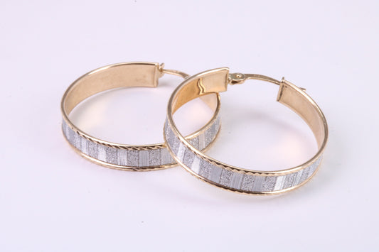 28 mm Round Creole Hoop, Two Tone Shimmer Finish, Earrings Made from 9ct Yellow Gold