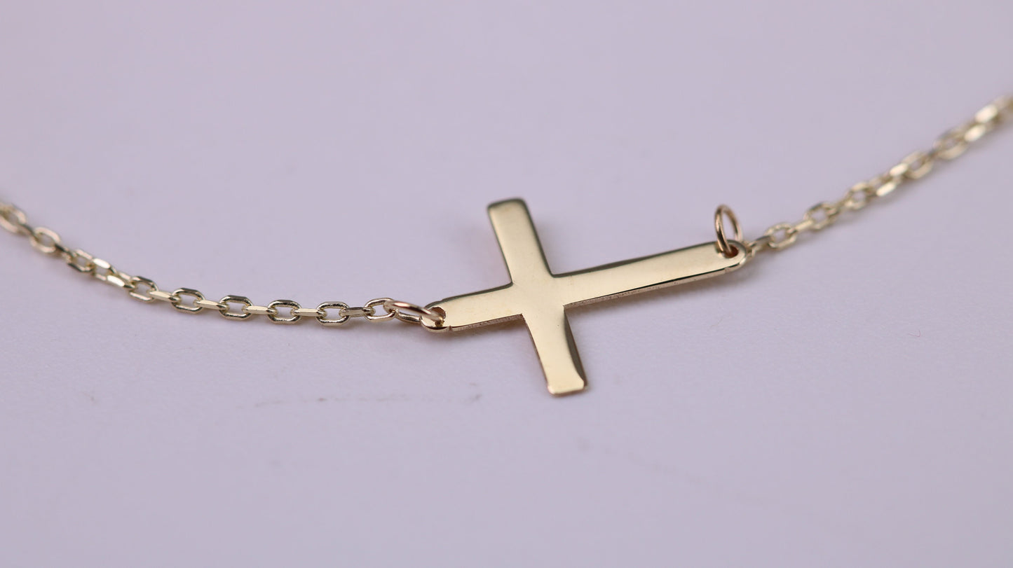 Simple and very Dainty 10 mm Long Cross Bracelet, Length Adjustable Chain, Made from Solid Yellow Gold with High Polished Finish