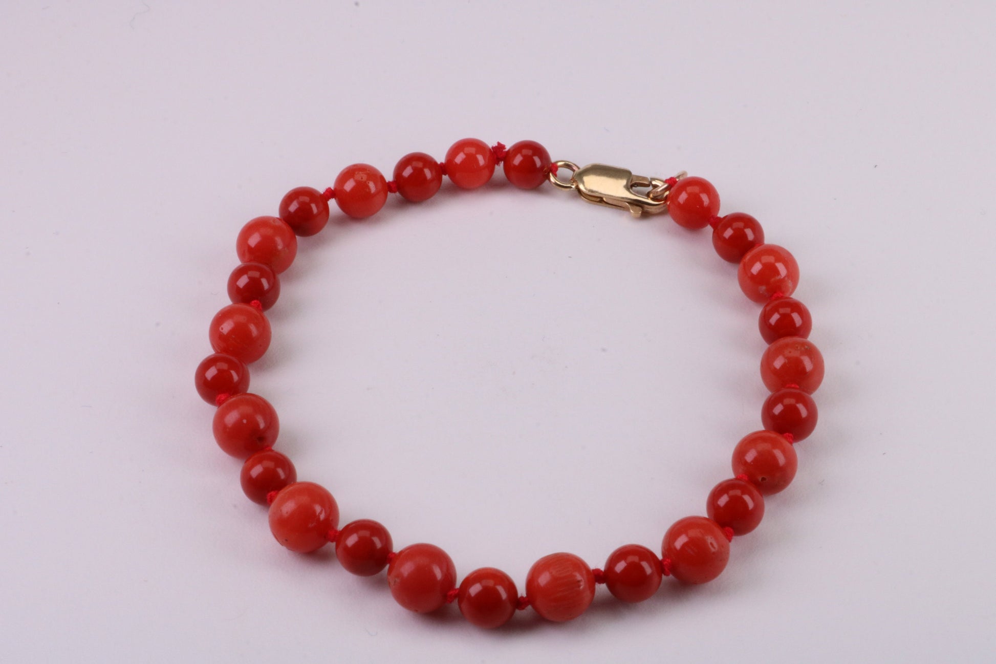 Natural Red Coral Bracelet with Solid Yellow Gold Lobster Claw Lock