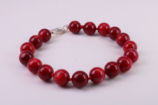 Natural 10 mm Round Red Coral Bracelet with Solid Silver Lobster Claw Lock