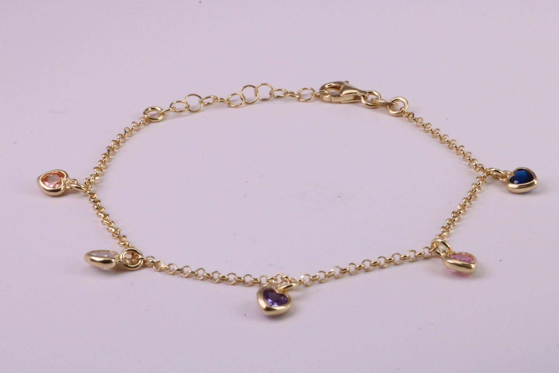 Rainbow Dainty Love Hearts Bracelet, With Length Adjustable Chain, Made from solid Sterling Silver and Further 18ct Yellow Gold Plated
