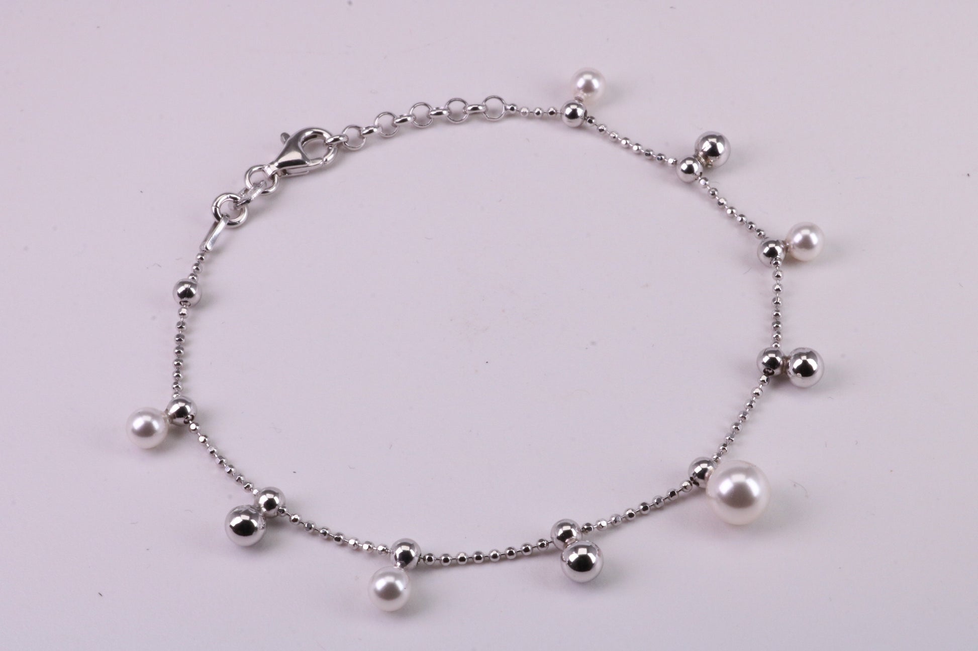 Pearl and Plain Bead Bracelet, With Length Adjustable Chain, Made from solid Sterling Silver