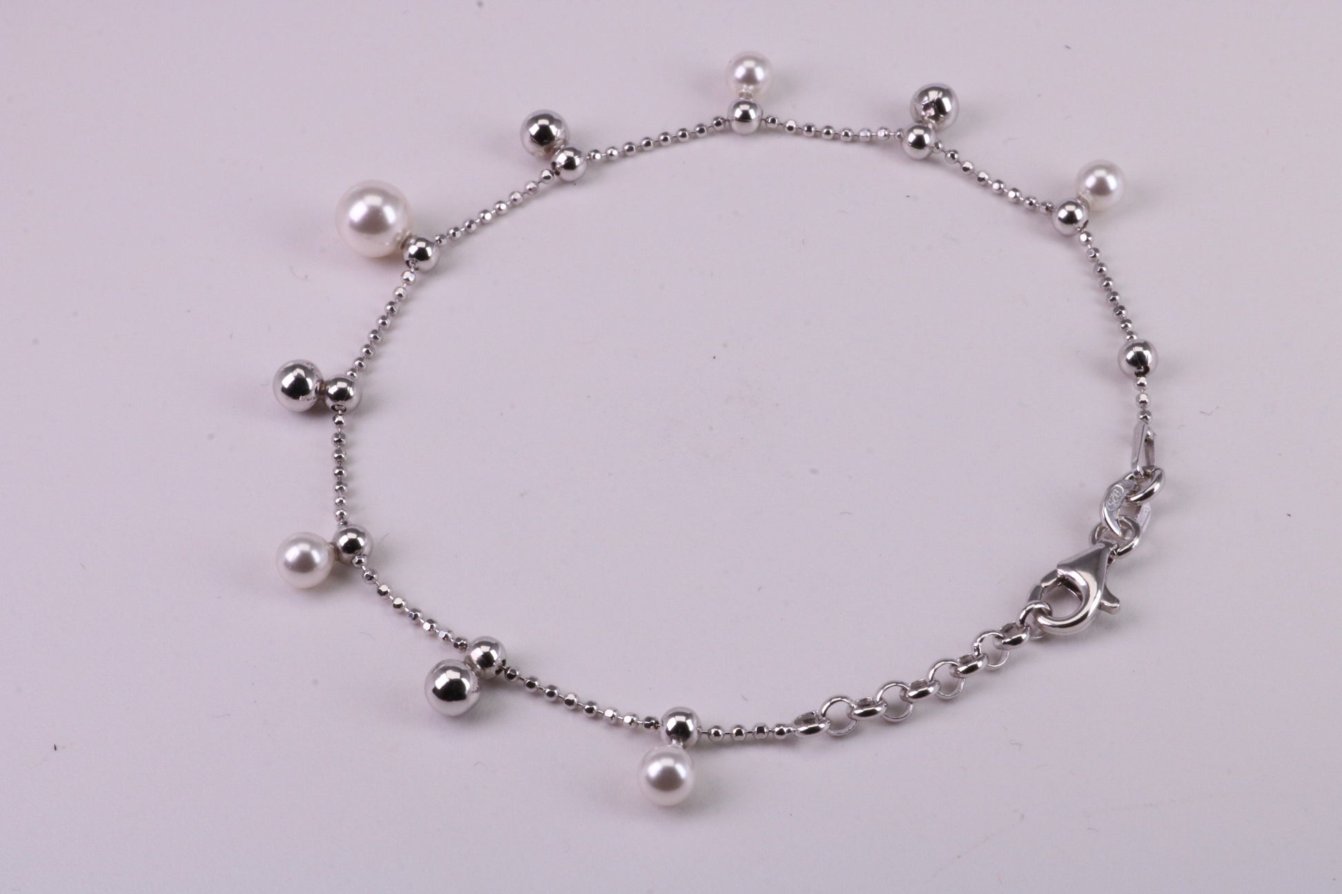 Pearl and Plain Bead Bracelet, With Length Adjustable Chain, Made from solid Sterling Silver