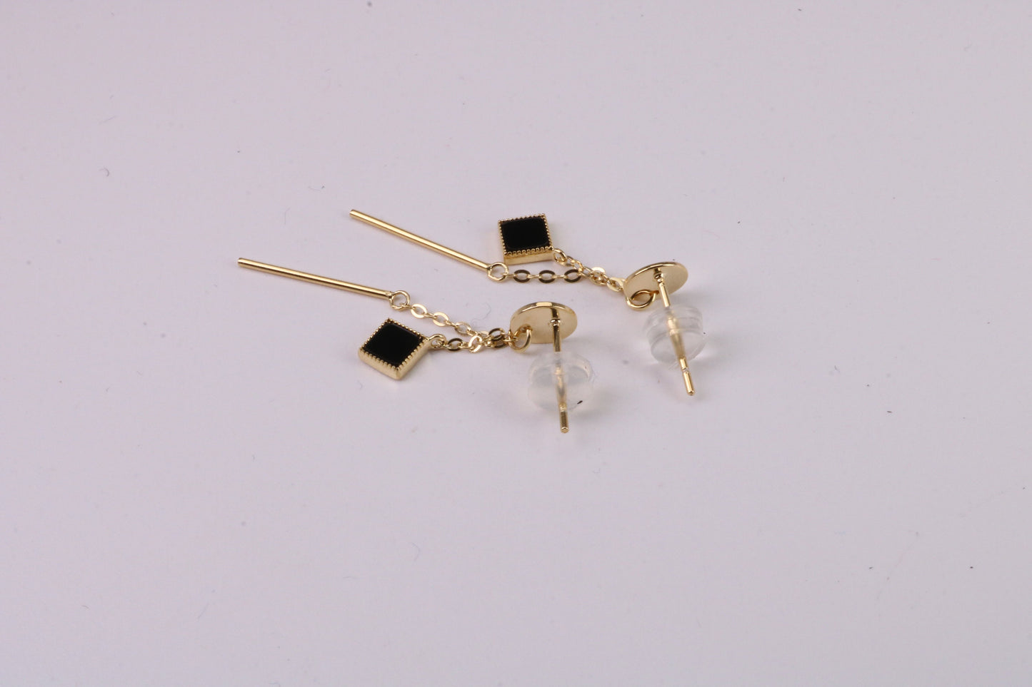 35 mm Long Black Onyx Set Dropper Stud Earrings, Solid Silver with Yellow Gold Plating