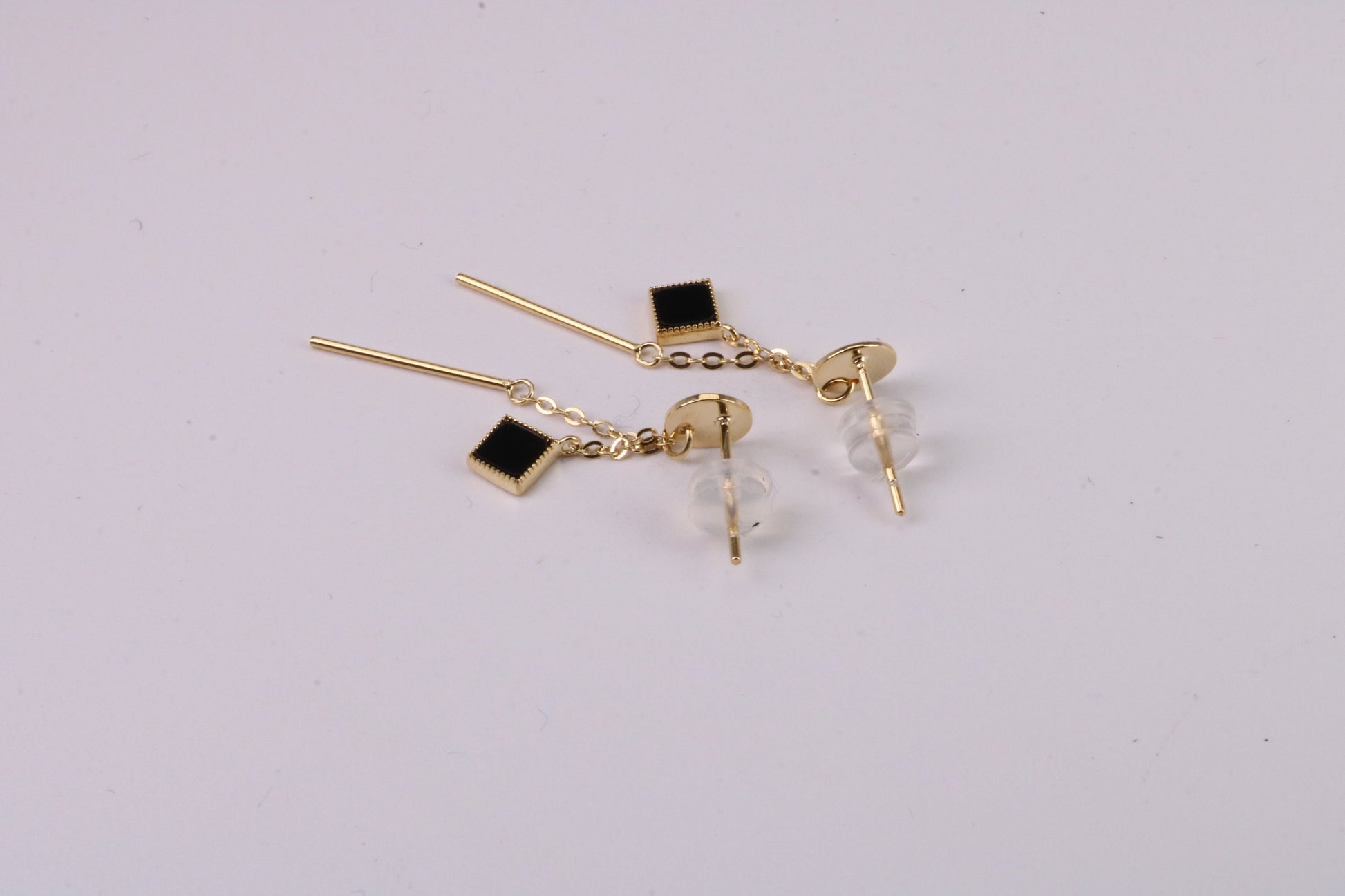 35 mm Long Black Onyx Set Dropper Stud Earrings, Solid Silver with Yellow Gold Plating