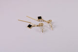 35 mm Long Black Onyx Set Dropper Stud Earrings, Solid Silver with Yellow Gold Plating