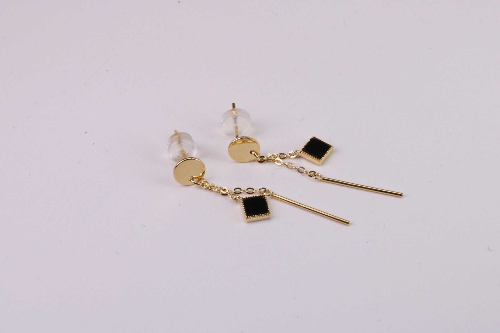 35 mm Long Black Onyx Set Dropper Stud Earrings, Solid Silver with Yellow Gold Plating