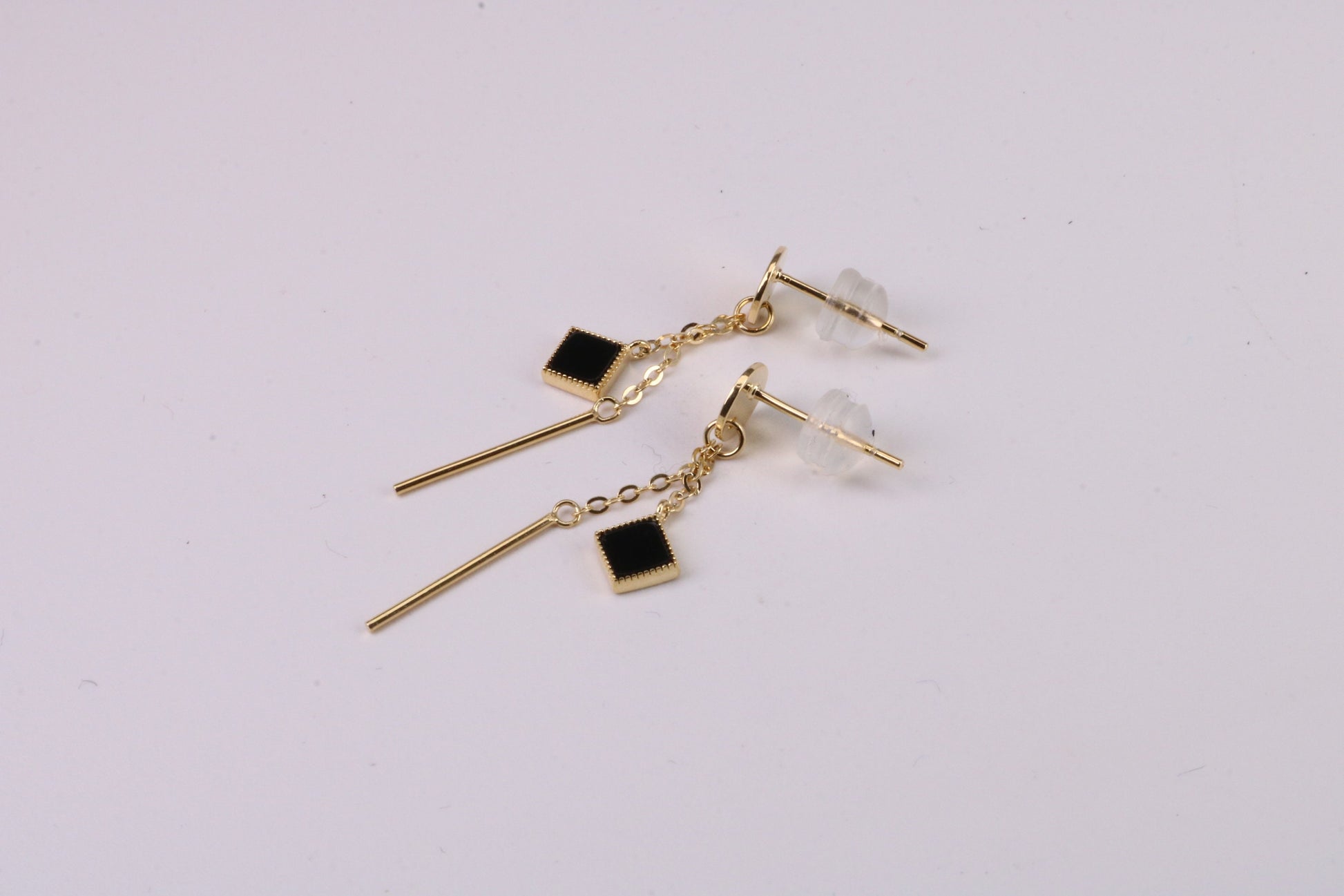 35 mm Long Black Onyx Set Dropper Stud Earrings, Solid Silver with Yellow Gold Plating