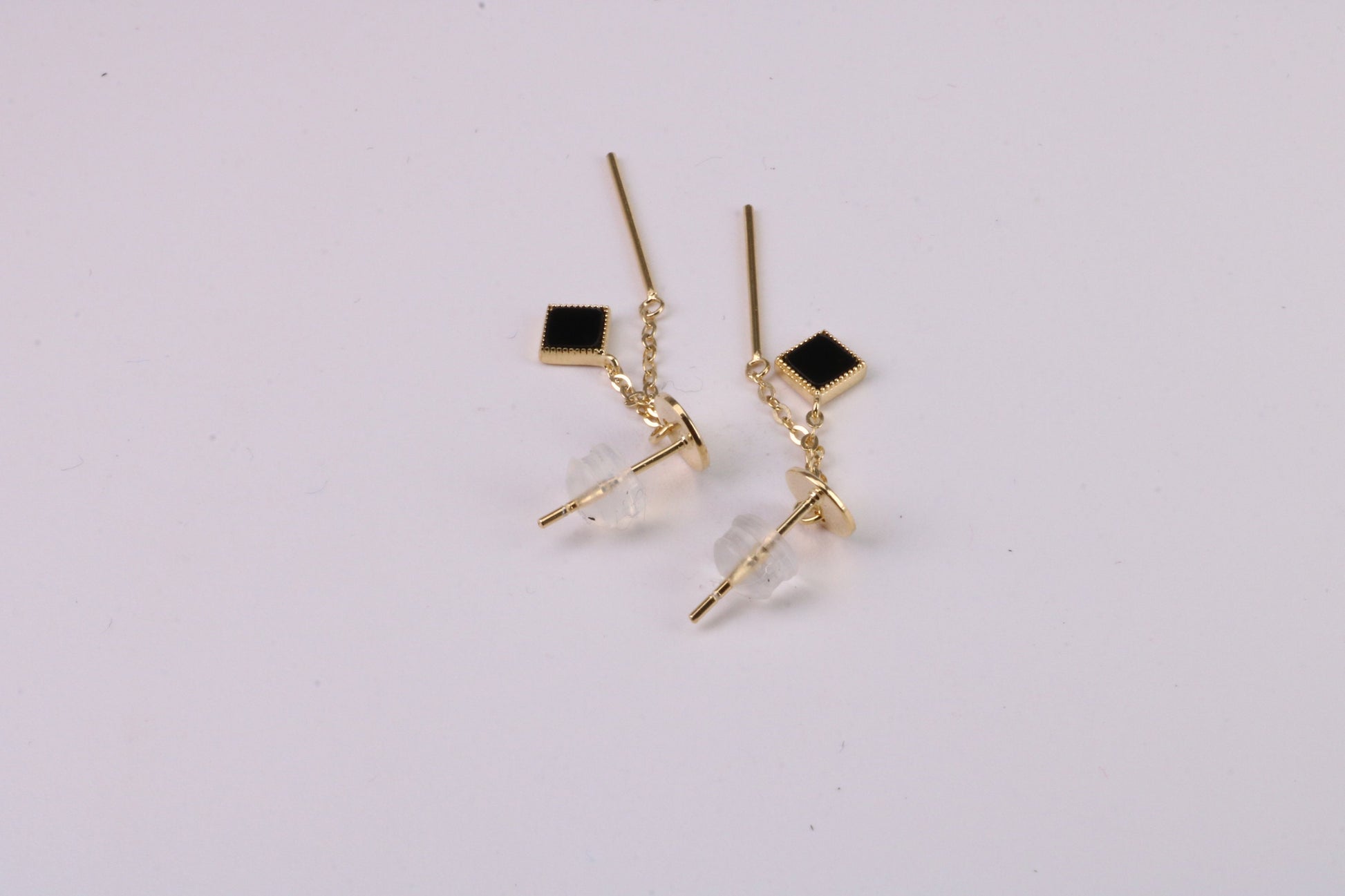 35 mm Long Black Onyx Set Dropper Stud Earrings, Solid Silver with Yellow Gold Plating