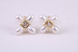 Natural Rice Pearl and Cubic Zirconia set Stud Earrings, set in Solid Silver, 18ct Yellow Gold Pated