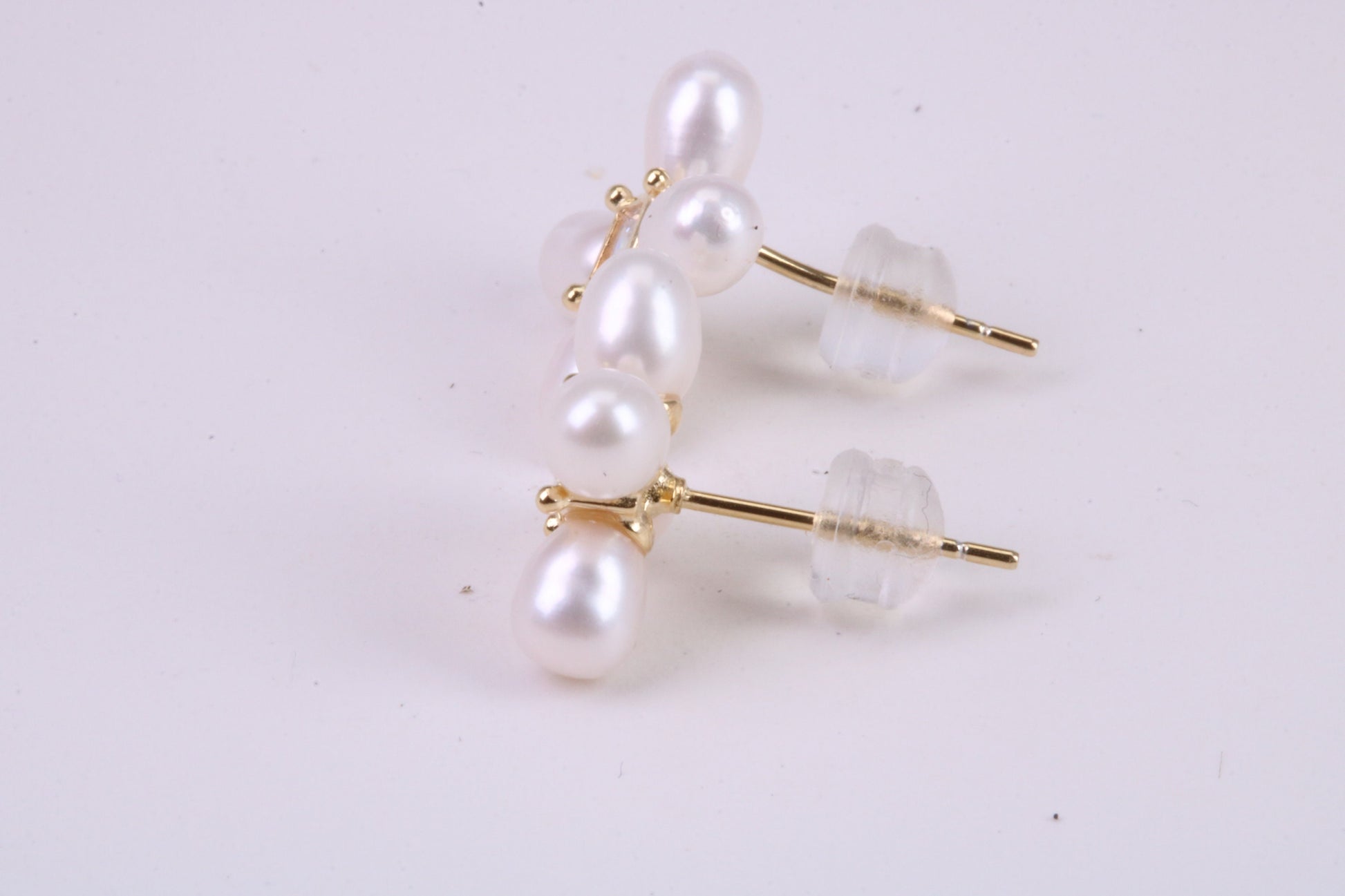 Natural Rice Pearl and Cubic Zirconia set Stud Earrings, set in Solid Silver, 18ct Yellow Gold Pated