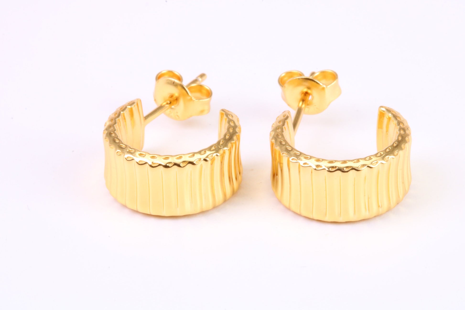 7 mm Wide Diamond cut Half Hoop Earrings, Very Dressy, Made from Solid 925 Grade Sterling Silver and 18ct Yellow Gold Plated
