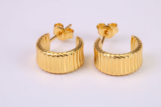 7 mm Wide Diamond cut Half Hoop Earrings, Very Dressy, Made from Solid 925 Grade Sterling Silver and 18ct Yellow Gold Plated