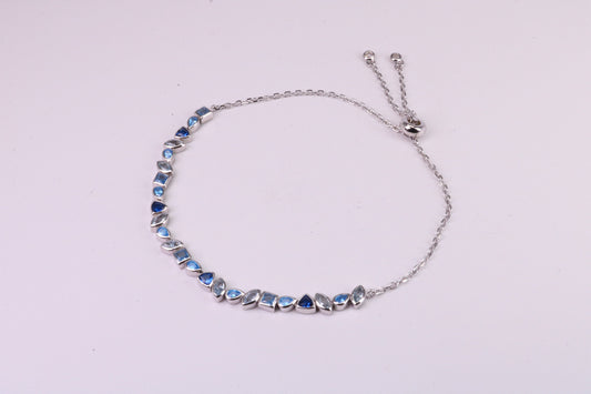 Blue Sapphire, Aquamarine and Topaz C Z Set Bracelet, Length Adjustable Chain, Made from solid Sterling Silver