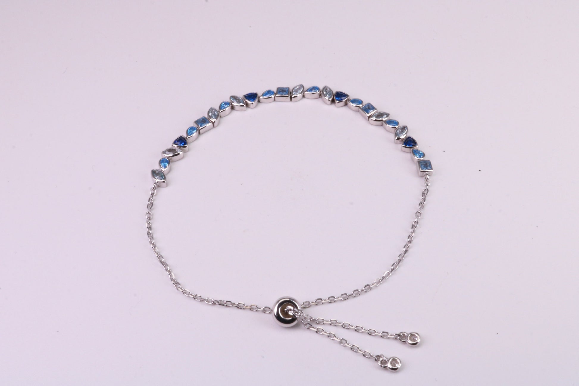 Blue Sapphire, Aquamarine and Topaz C Z Set Bracelet, Length Adjustable Chain, Made from solid Sterling Silver