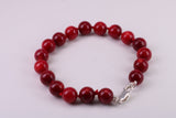 Natural 10 mm Round Red Coral Bracelet with Solid Silver Lobster Claw Lock