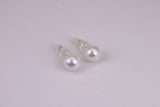 Natural 8 mm Round Pearl set Stud Earrings, set in Solid Silver, 18ct Yellow Gold Pated, Comfortable Rubber Backings