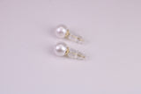 Natural 8 mm Round Pearl set Stud Earrings, set in Solid Silver, 18ct Yellow Gold Pated, Comfortable Rubber Backings