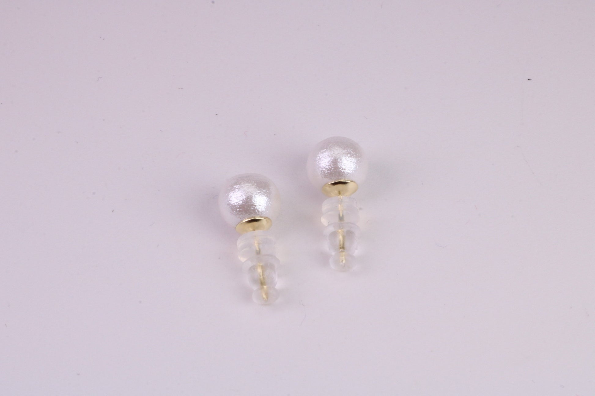 Natural 8 mm Round Pearl set Stud Earrings, set in Solid Silver, 18ct Yellow Gold Pated, Comfortable Rubber Backings