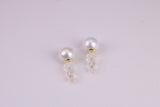 Natural 8 mm Round Pearl set Stud Earrings, set in Solid Silver, 18ct Yellow Gold Pated, Comfortable Rubber Backings