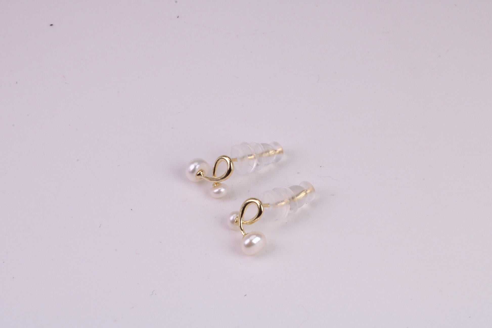 Natural Round Pearl set Stud Earrings, set in Solid Silver, 18ct Yellow Gold Pated, Comfortable Rubber Backings