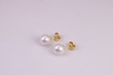 Natural 8 mm Round Pearl set Stud Earrings, set in Solid Silver, 18ct Yellow Gold Pated