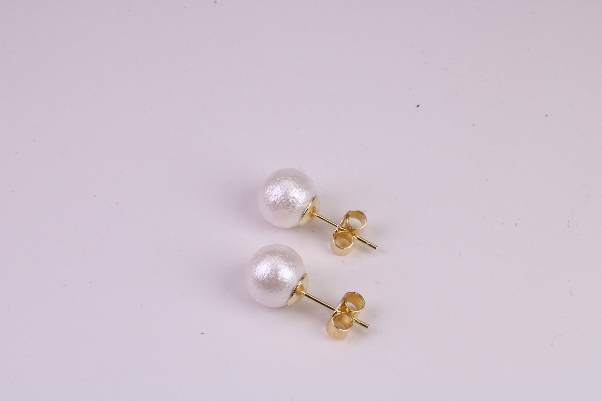 Natural 8 mm Round Pearl set Stud Earrings, set in Solid Silver, 18ct Yellow Gold Pated