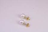 Natural 8 mm Round Pearl set Stud Earrings, set in Solid Silver, 18ct Yellow Gold Pated