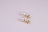 Natural 8 mm Round Pearl set Stud Earrings, set in Solid Silver, 18ct Yellow Gold Pated
