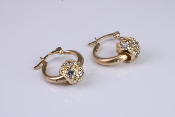 Hoop Creole Earrings with C Z Set Ball, Made from Solid Yellow Gold