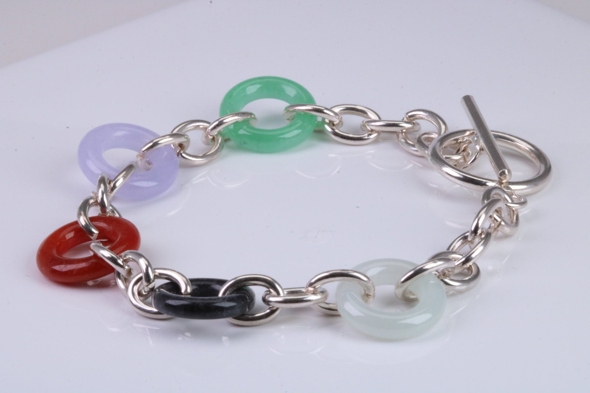 Real Multi Colour Jade set Bracelet, made from solid Sterling Silver, 7.50 Inches Long
