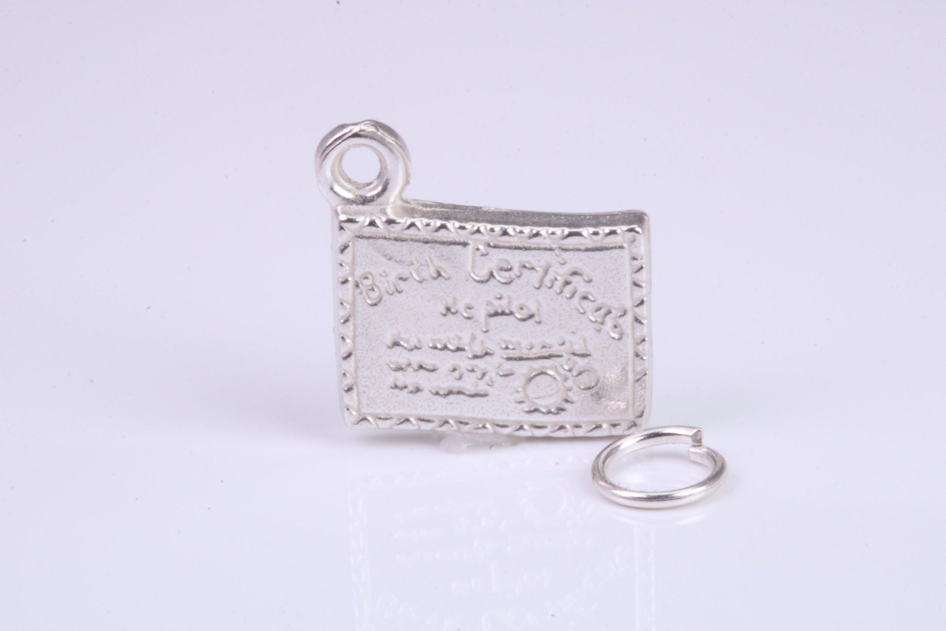 Birth Certificate Charm, Traditional Charm, Made from Solid 925 Grade Sterling Silver, Complete with Attachment Link