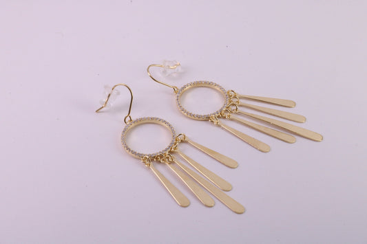 Fashionable 48 mm Long C Z Set Dropper Stud Earrings, Solid Silver with Yellow Gold Plating