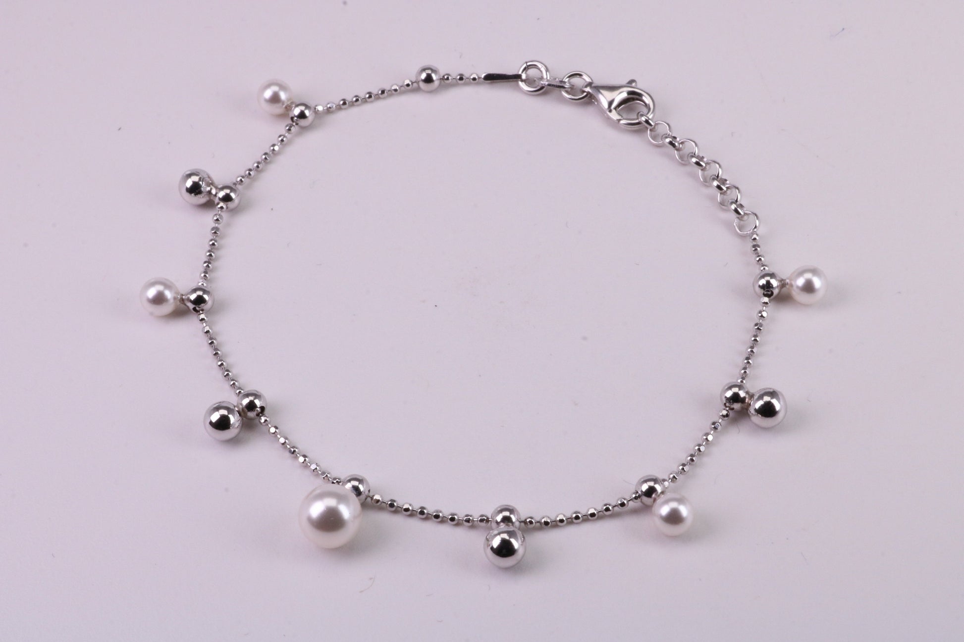 Pearl and Plain Bead Bracelet, With Length Adjustable Chain, Made from solid Sterling Silver