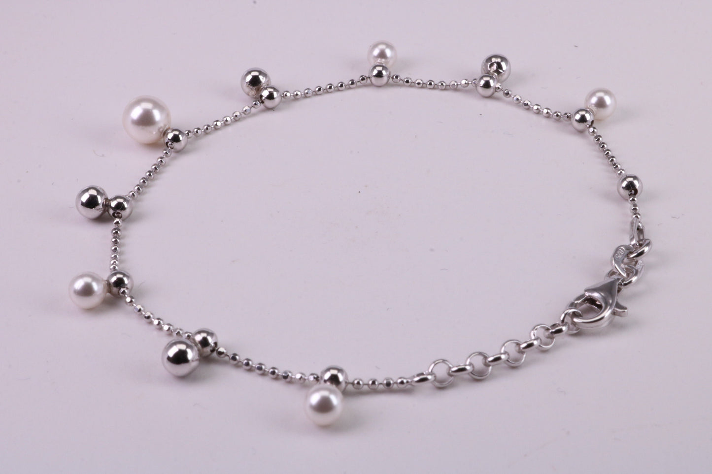 Pearl and Plain Bead Bracelet, With Length Adjustable Chain, Made from solid Sterling Silver