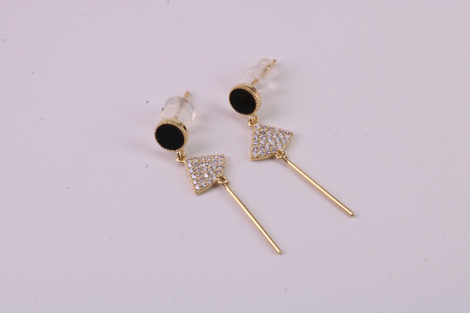 35 mm Long C Z and Black Onyx Set Dropper Stud Earrings, Solid Silver with Yellow Gold Plating