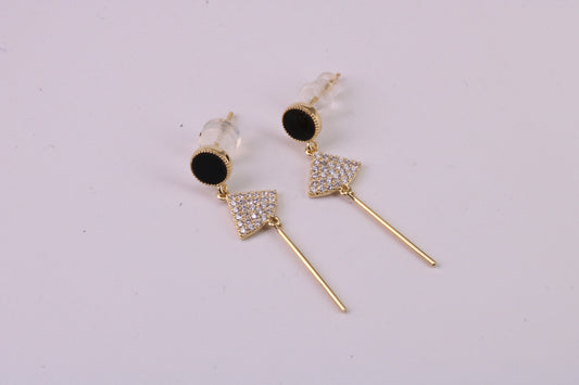35 mm Long C Z and Black Onyx Set Dropper Stud Earrings, Solid Silver with Yellow Gold Plating