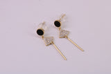 35 mm Long C Z and Black Onyx Set Dropper Stud Earrings, Solid Silver with Yellow Gold Plating