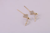 35 mm Long C Z and Black Onyx Set Dropper Stud Earrings, Solid Silver with Yellow Gold Plating