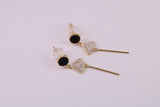 35 mm Long C Z and Black Onyx Set Dropper Stud Earrings, Solid Silver with Yellow Gold Plating