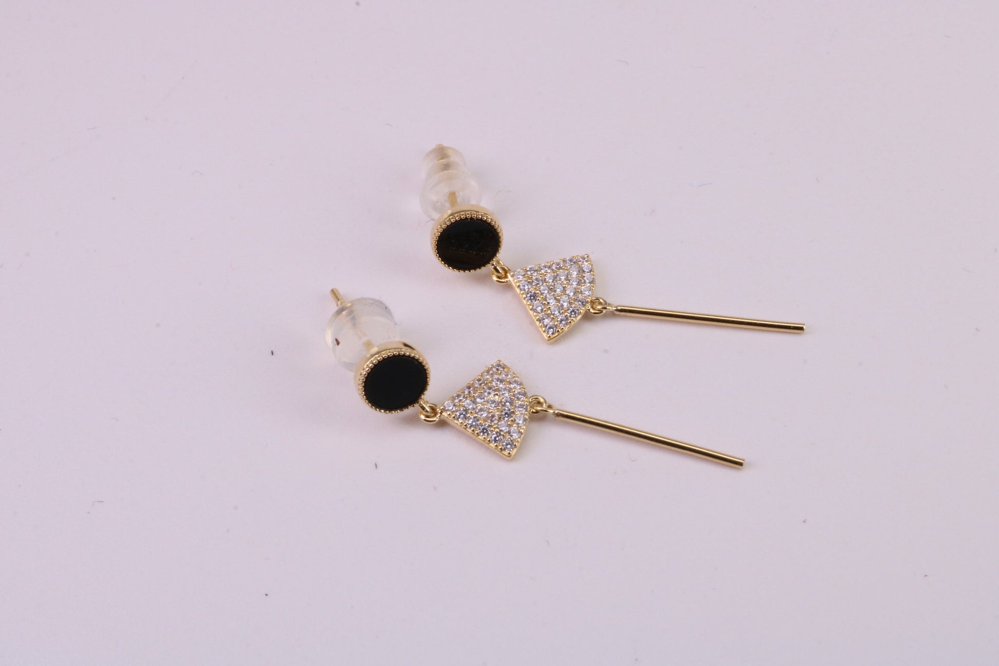35 mm Long C Z and Black Onyx Set Dropper Stud Earrings, Solid Silver with Yellow Gold Plating