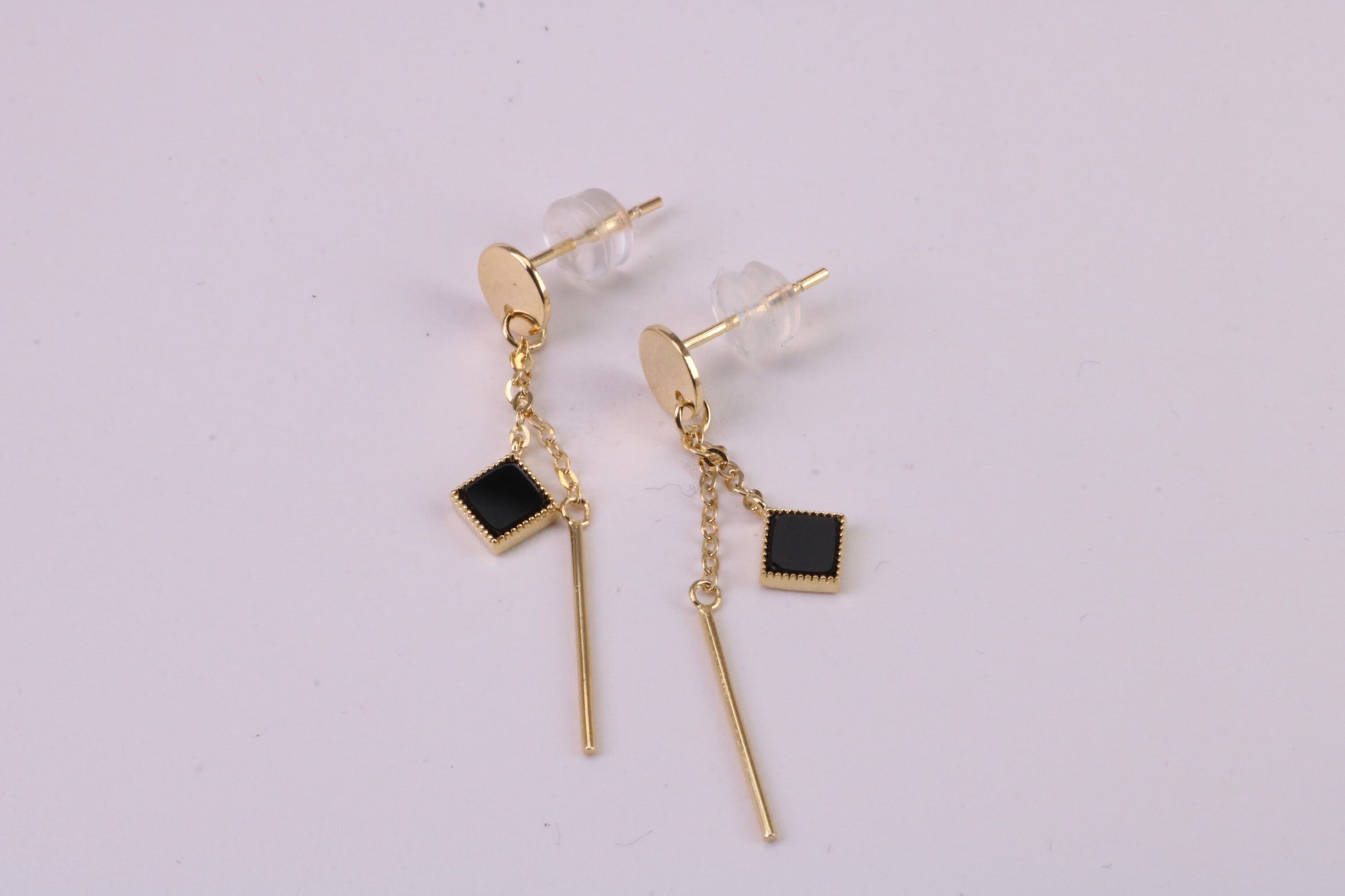 35 mm Long Black Onyx Set Dropper Stud Earrings, Solid Silver with Yellow Gold Plating