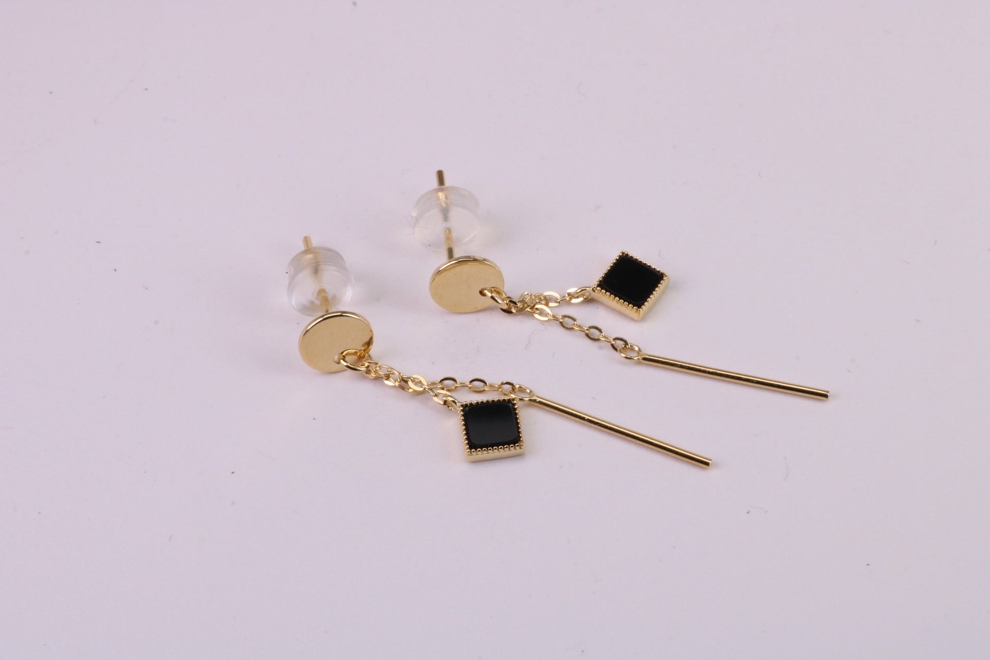 35 mm Long Black Onyx Set Dropper Stud Earrings, Solid Silver with Yellow Gold Plating